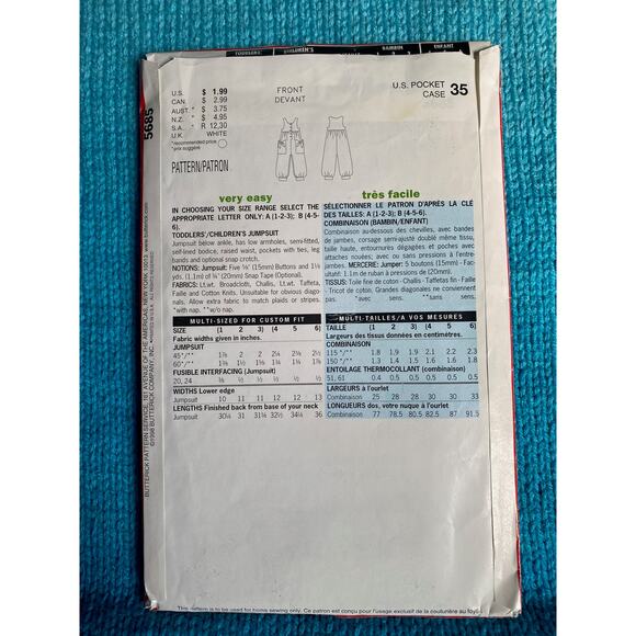Butterick Sewing pattern 5685 girls jumpsuit Size 1 2 3 - Picture 3 of 5